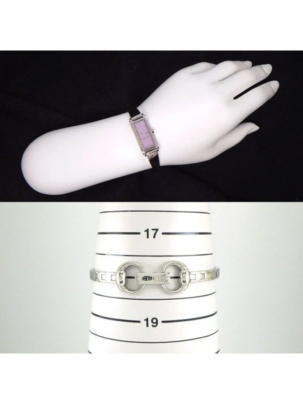 Gucci Watch Bangle 109 Horsebit Rectangular GG Pattern Pink Shell Dial SS